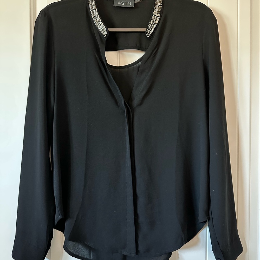 Astr Elegant Black Cut Out Blouse with Beaded Collar